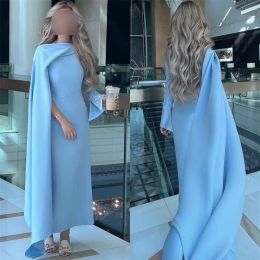 Elegant Long Blue Strapless Spandex Evening Dresses Sleeveless with Cape A Line Ankle Length Custom Made for Women