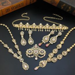 Necklaces Sunspicems Gold Colour Morocco Bride Jewellery Sets Women Hairchain Necklace Earring Brooch Arabic Wedding Bijoux Hollowed Designs