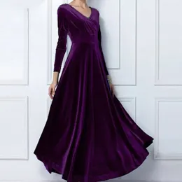 Casual Dresses Women's Basic Simple Solid Colours Dress Fashion V Neck Gold Velvet Long Elegant Sleeve High Waist Evening Gown