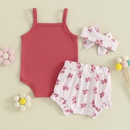 Clothing Sets Baby Girls Summer Shorts Sleeveless Letter Print Romper Floral Drawstring PP Headband