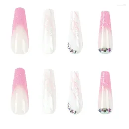 False Nails 24 Pcs Full Cover Long Press On French Tip Fake With Rhinestones