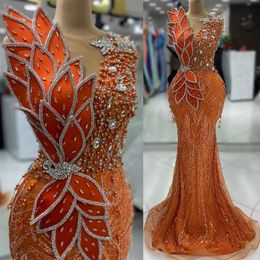 2024 Aso Ebi Orange Mermaid Prom Dress Pearls Crystals Sheer Neck Evening Formal Party Second Reception Birthday Engagement Gowns Dresses Robe De Soiree ZJ67