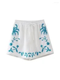 Women's Shorts Women Fashion Embroidery Printed Drawstring Mini Skirts Vintage High Waist Female Chic Lady