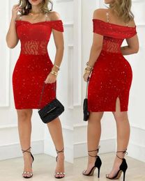 Fashionable Women's Sexy Casual Cold Shoulder Lace Split Party Dress 240126
