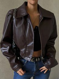 Women Vintage Brown Short Faux Leather Jacket Solid Colour Zipper Long Sleeve Motorcycle Jacket PU Leather Biker Coat Outerwear 240119