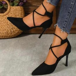 Dress Shoes PU High Heel Pointed Toe Pumps 2024 Quality Thin Heels Ladies Casual Lace-up Autumn Classics Cross-tied