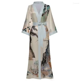 Women's Sleepwear Print Flower Long Kimono Bathrobe Gown Sexy Women Wedding Robe Nightgown Spring Summer Rayon Home Dress