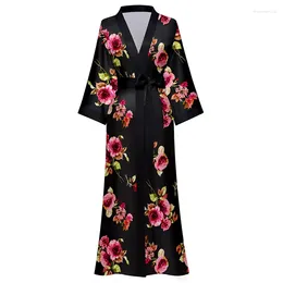 Women's Sleepwear Black Long Robe Women Flower Print Nightgown Soft Satin Home Clothes Kimono Bathrobe Sexy Loungewaer