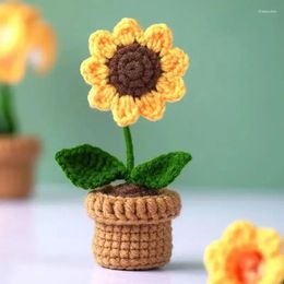 Decorative Flowers DIY Handwoven Potted Plant Rose Sunflower Turlip Crochet Flower Desktop Ornament Car Home Decoration
