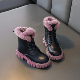 Boots 2024 Children Fashion Waterproof Girls Fur Snow Kids Leather Non-slip Plush Baby Short Boot