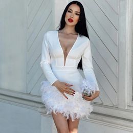 Elegant Feathers Long Sleeve Mini Dress for Women Summer Sexy Deep V-Neck Bodycon White Dress Evening Club Party Dresses 240123