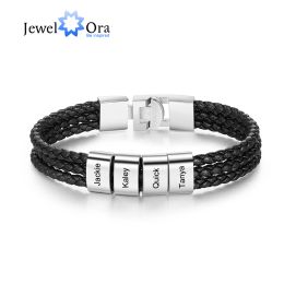 Bracelets JewelOra Personalised Engraved Name Bracelets for Men 3 Layer Braided Leather Bracelet with Custom Bead Fathers Day Gift for Dad