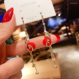 Dangle Earrings Women's Korean Fashion Charming Cute Golden Phoenix Tassel Festive Red Pearl Gift Jewellery Drop