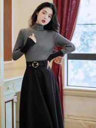 Work Dresses Fall 2 Piece Set Women Knitted Skirt Sets Vintage Grey High Neck Sweater Black Wool Quality Casual Elegant Outfits