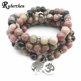 Bracelets Ruberthen New Design Natural Black Vein Rhodonite Bracelet Tree of Life Ohm Charm Bracelet Healing Beaded Bracelet For Women