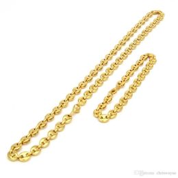 8mm Puffed Mariner Link Chain & Bracelet Set Gold Silver Plated Hip Hop Punk Jewellery French coffee bean jewelry2436