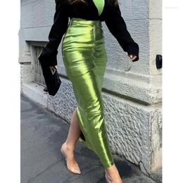 Skirts Sexy Sparkly Slit Luxury Long Women High Waist Metallic Green Slim Maxi Skirt 2024 Summer Elegant Birthday Party Clothes