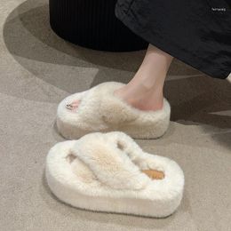 Slippers 7cm Thick Bottom Cross Fluffy Women's Outer Wear 2024 Autumn And Winter Korean All-Match Warm Lazy Flip Flops