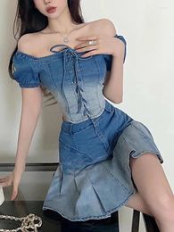 Work Dresses Denim Two Piece Sets Womens Outifits 2024 Summer Fashion Lace Up Square Collar Crop Tops High Waisted Pleated Mini Skirts