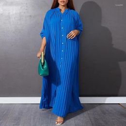 Casual Dresses Fashion Loose Pleated Shirt Dress African Women Solid Long Sleeve Single Breasted Maxi Party Vestidos