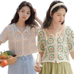 Women's Blouses Vintage Crochet Knit Short Sleeve Sweater V-Neck Button Crop Top Summer Hollow Out Cardigan