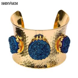 Bangles ShinyGem Wild Style Round Natural Crystal Druzy Bangles Charm Gem Stone Gold Plating Large Open Cuff Wrist Bracelet For Women