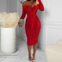 Casual Dresses Sexy Off Shoulder Strapless Dress Women's Fall Elegant Fashion Lace Up Long Sleeve Women Strap Red Club Party Bodycon