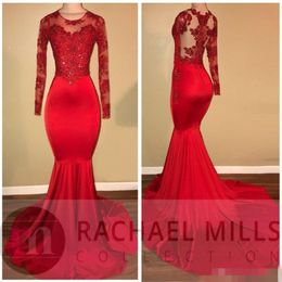 2019 Vintage Sheer Long Sleeves Red Prom Dresses Mermaid Appliqued Sequined African Black Girls Evening Gowns Red Carpet Dress340d