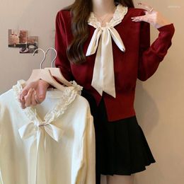 Women's Knits Bow Tie Wooden Ear Edge V-neck Knitted Cardigan For Spring And Autumn Design Fashionable Unique Bubble Sleeve Sweat