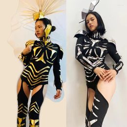 Stage Wear Silver Gold Mirrors Leather Armour Jumpsuit Women Pole Dance Clothing Gogo Costumes Nightclub DJ Festival Outfit XS5905