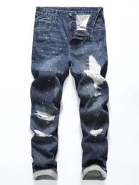 Men's Slim-Fit Non-Stretch Cotton Causal Fashion Slashed and Ripped Denim Pants Jeans with Stylish Print 240124