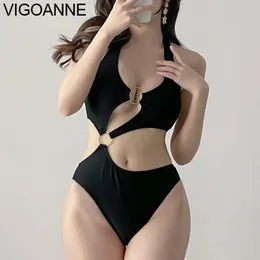 Women's Swimwear VigoAnne Solid Ring Hollow Women 2024 Sexy Halter Push UP One Piece Swimsuit Korean Closed Monokini Summer Bathing Suit