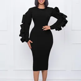 Ethnic Clothing Elegant Bodycon Dresses Women Round Neck Puff Sleeve Solid Package Hips Mid Calf Formal Business Work Wear Dress Midi