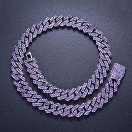 15mm Iced Cuban Link Prong Chain 2 Row Purple CZ Diamond Cubic Zirconia Hiphop Jewelry 16inch-24inch Choker Necklace209Q