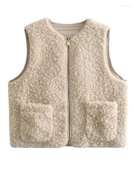 Women's Vests Sleeveless Zipper Cardigan Vest V-neck Pocket Short Plush Lady Waistcoat 2024 Winter Fashion Slim Warm Undershirt