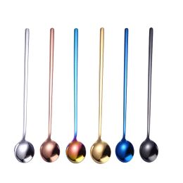 Long Handle Stainless Steel Round Spoon Coffee Honey Stirring Spoons Cold Drink Dessert Ice Scoop Bar Cocktail Stirring Scoops