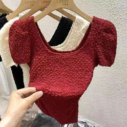 Women's T Shirts Summer Solid Colour Bubble Sleeve T-shirt For Retro French Slim Fit Tees Ladies Fashion Square Neck Short Tops