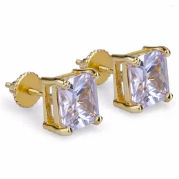 Stud Earrings Hip Hop Claw Setting Cubic Zirconia Bling Out Earring Male Gold Colour Copper Square For Men Rock Jewellery