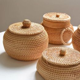 Round Rattan Box With Lid HandWoven MultiPurpose Wicker Tray Desktop Decoration Storage Picnic Food Bread Basket 240125