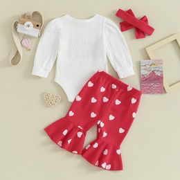 Clothing Sets Baby Girls Valentine S Day Outfit Infant Long Sleeve Romper Tops Heart Print Flared Pants Headband 3PC