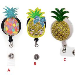 Cartoon Key Rings Fruit Pineapple Rhinestone Retractable ID Holder For Nurse Name Accessories Badge Reel With Alligator Clip2787