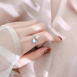 Cute Moonstone Fishtail Open Rings For Women Korean Fashion ins Wind Zircon Sweet 14K White Gold Ring Personality Party Jewelry