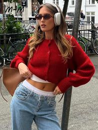 Fall Women Retro Knitted Cropped Red Cardigan Ladies Single Breasted Long Sleeve Sweater Fashion Casual Warm Thicken Short Tops 240122