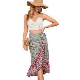 Skirts Tie Waistband Flounce Hem Midi Skirt Woman Fashion Irregular Slim A Line Ruffle Causal Printed Street 2024