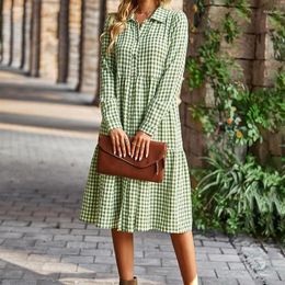 Casual Dresses 2024 Spring Autumn Shirt Dress Plaid Print Long Sleeve Pleated Solid Single Breasted Patchwork Vestidos
