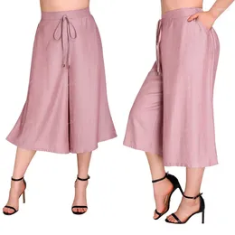 Women's Pants ROSEGAL Plus Size Lace Up Culotte With Pocket Light Spring Summer Elastic Waist Wide Leg Midi Trousers Mujer