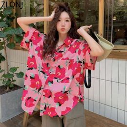 Women's Blouses Kawaii Girl Flower Print Shirts Women Harajuku Polo Collar Floral Short Sleeve Female Korean Casual Pink Hawaiian Shirt