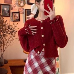 Women's Knits 2024 Small Fragrant Wind Knitwear Autumn Short Top Cardigan Ladies Solid Colour Sweater Cuff Pearl Lacework Knitted
