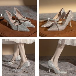 Дизайнер- Женская обувь сексуальные заостренные пальцы жемчужных насосов мулы Slingback Высокие каблуки Цвет заклинания заклинания Свадебные каблуки Высокие каблуки