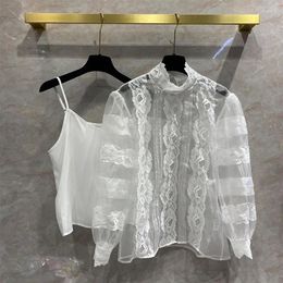 Women's Blouses Embroidered Edge Stand Collar Organza Lace Hook Mesh Shirt Lantern Sleeve Top